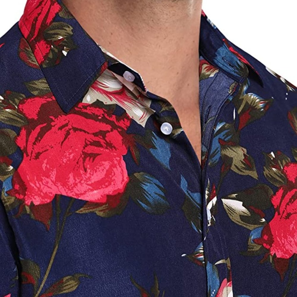 Stylish Mens Casual Slim Fit Long Sleeve Button Down Dress Shirt Floral Print